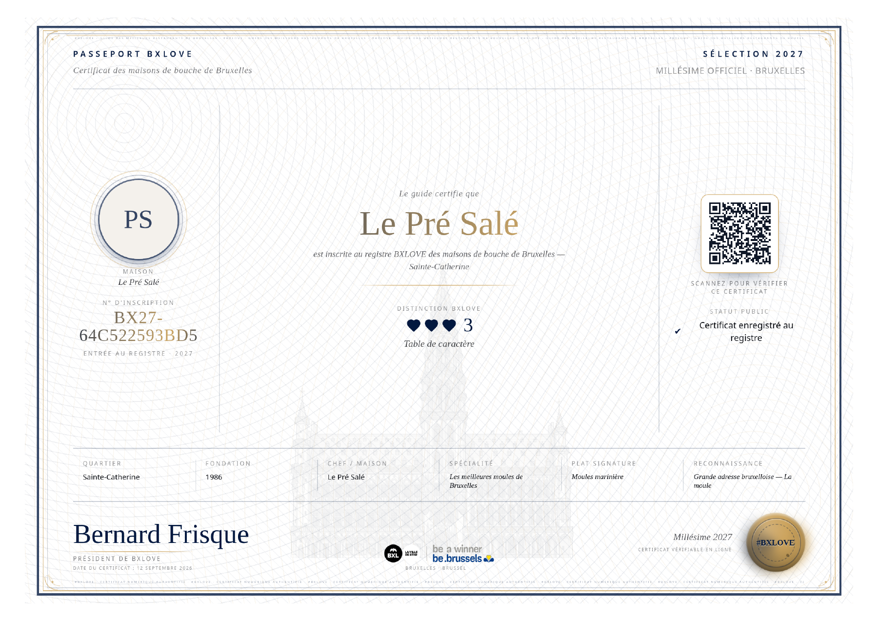 Original-BXLOVE-Pass · auf Französisch — Le Pré Salé, BX27-64C522593BD5, 3 Blaue Herzen BXLOVE — Ein Tisch mit Charakter, 12. September 2026