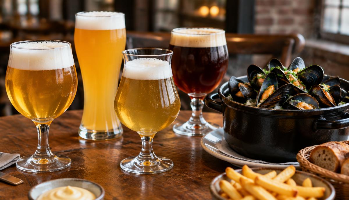 Várias cervejas belgas nos respetivos copos ao lado de uma panela de mexilhões