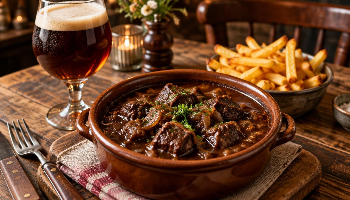 Carbonada flamenga estufada numa travessa de barro, acompanhada de batatas fritas e cerveja escura