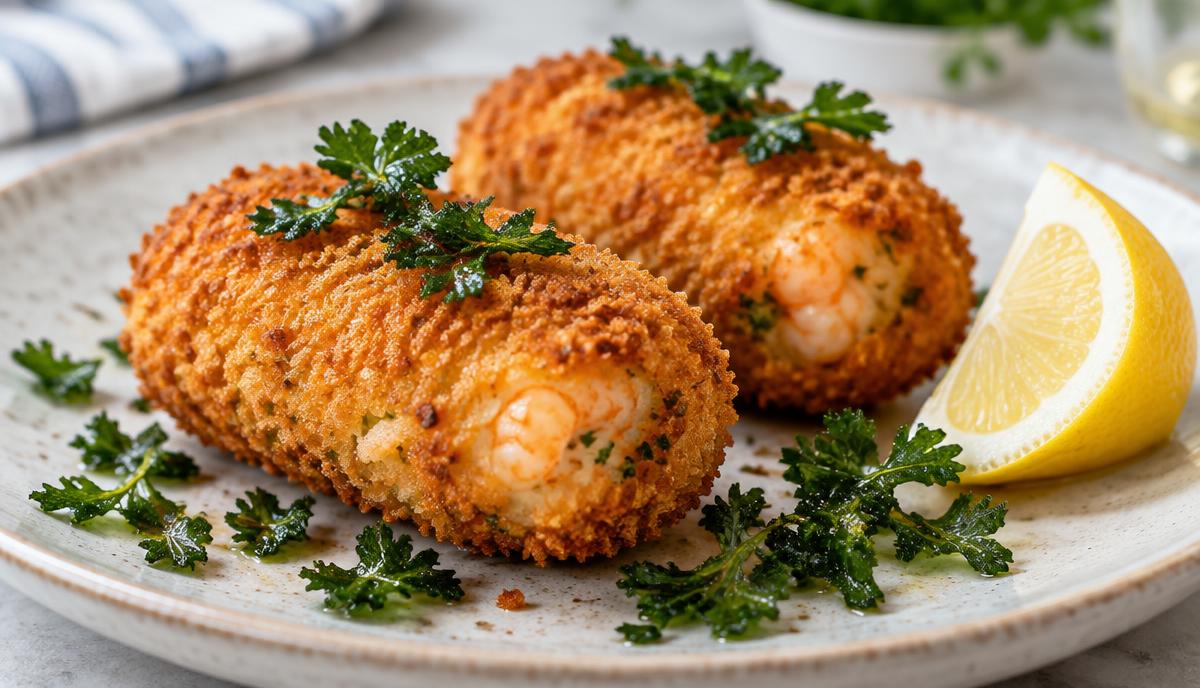 Dois croquetes dourados de camarão-cinzento com salsa frita e limão