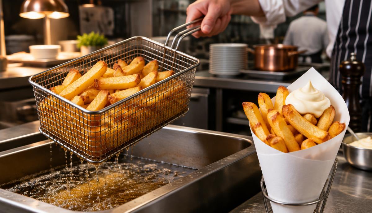 Cesto de batatas fritas a sair da fritadeira ao lado de um cone de batatas fritas com maionese