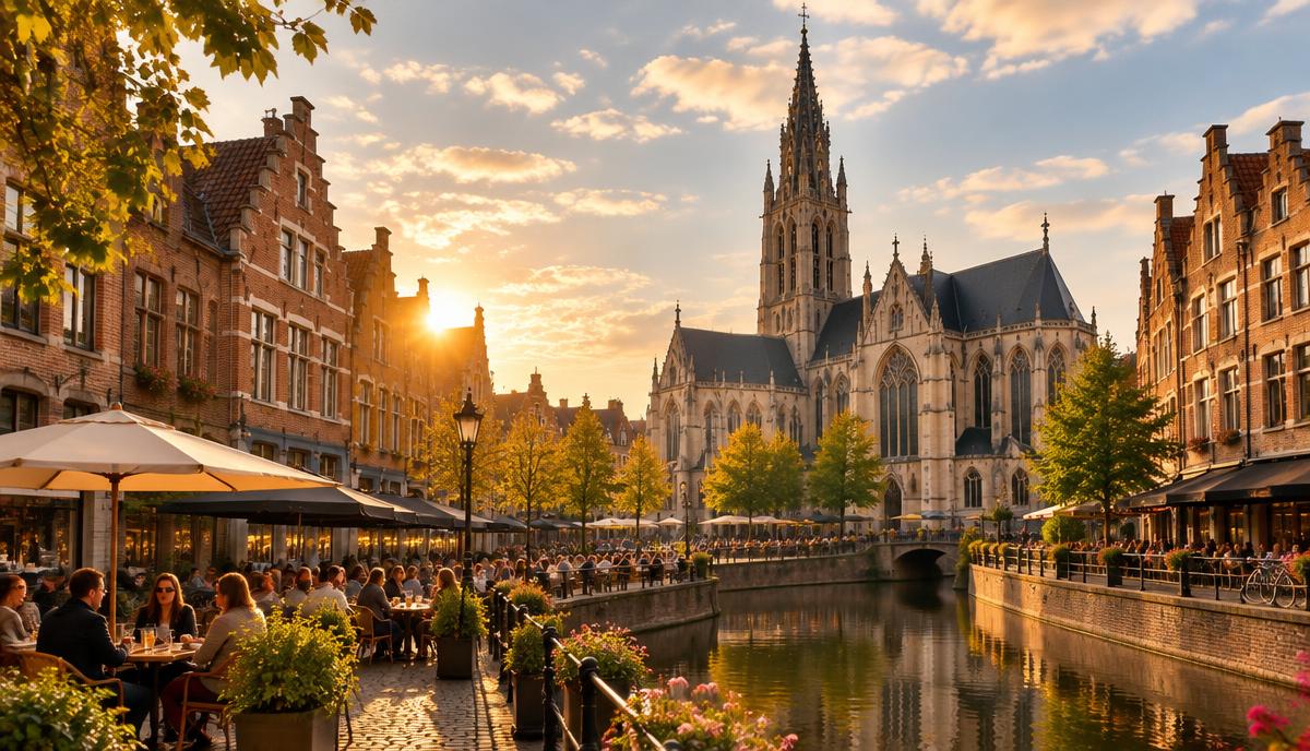 Ilustração da praça Sainte-Catherine em Bruxelas, com a sua igreja e esplanadas