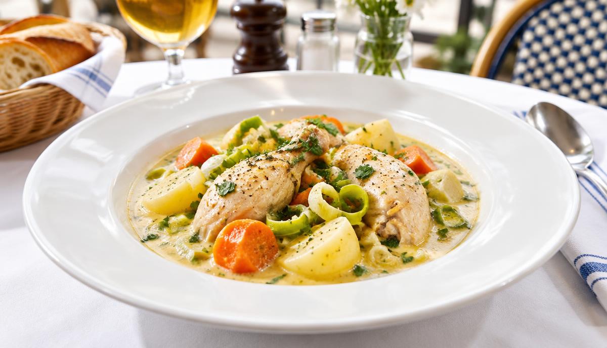 Prato de waterzooi de frango com alho-francês, cenouras e batatas